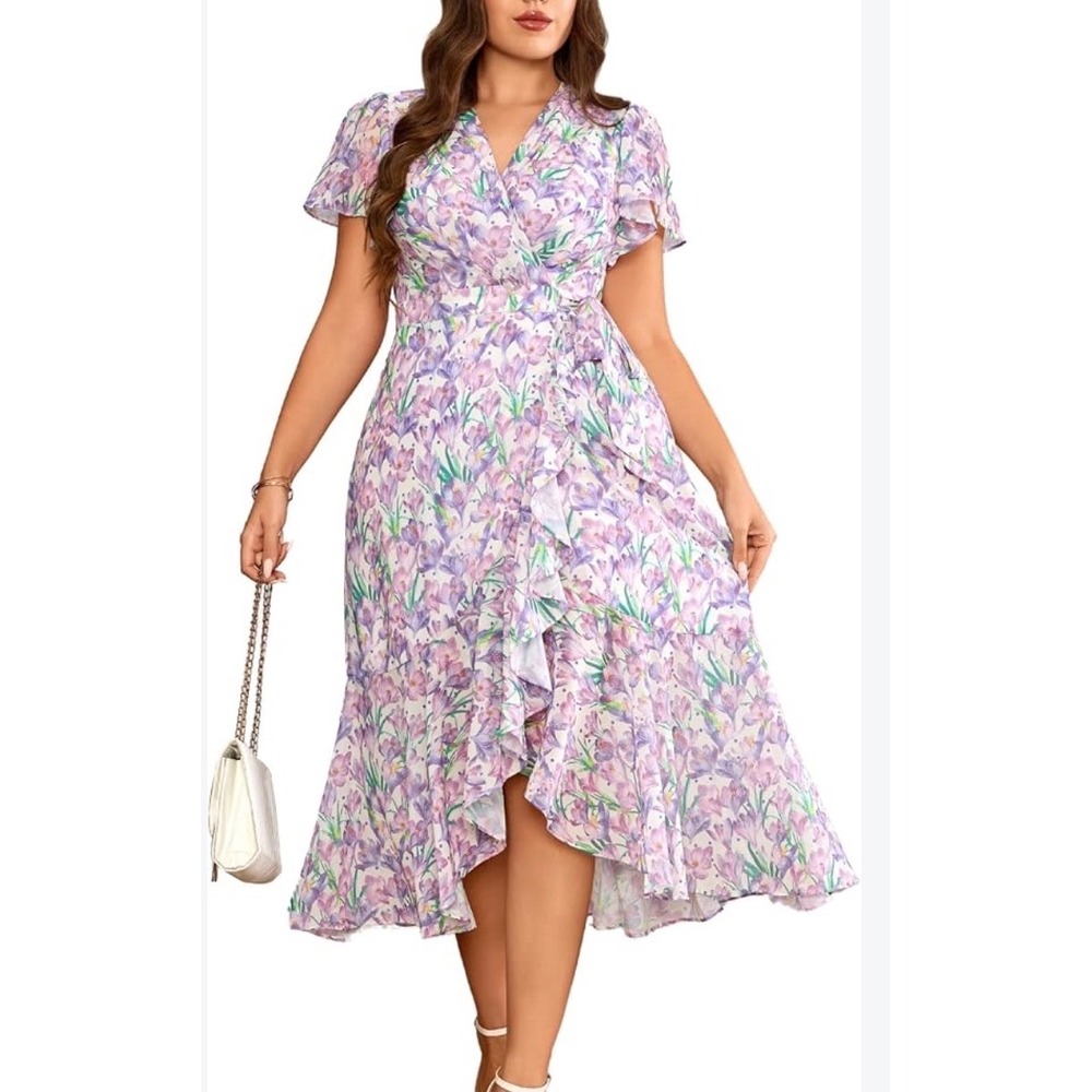EYWOL Purple Floral Wrap Midi Dress Short Flutter Sleeve Ruffle Hem XL